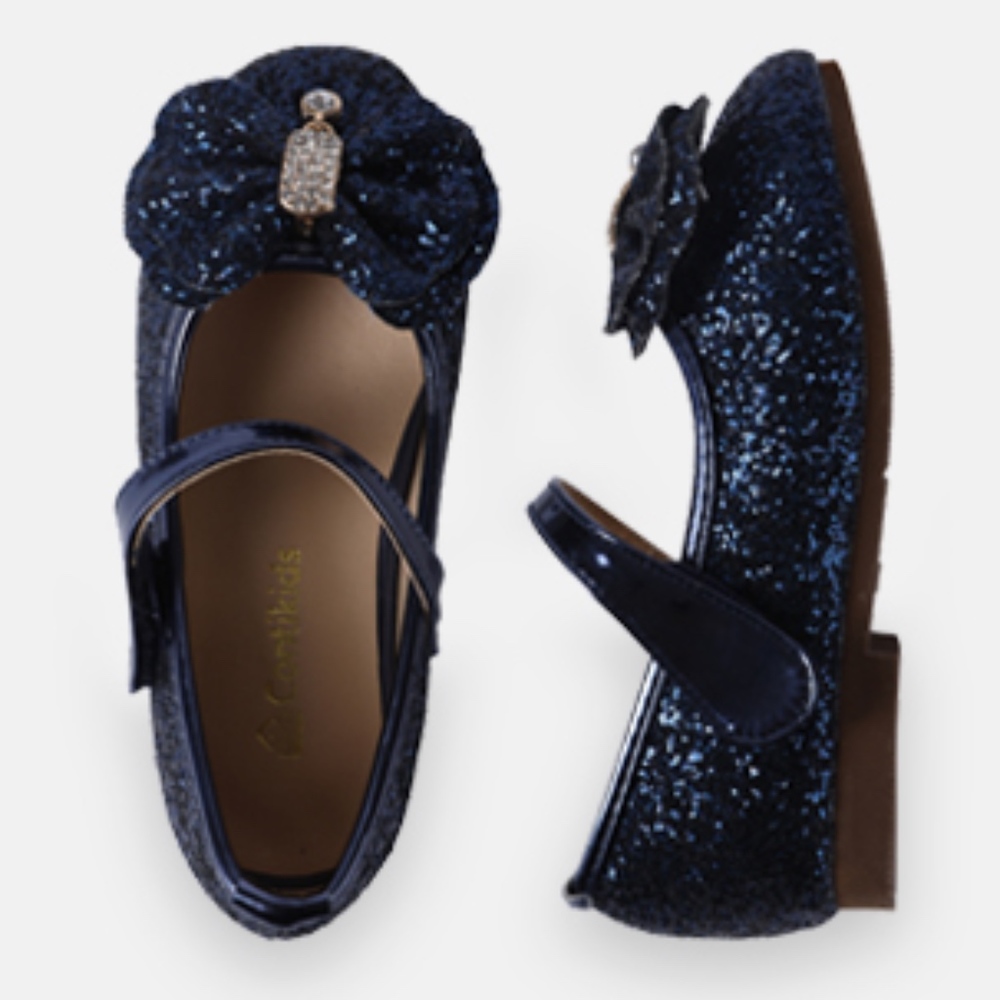 Girls Mary Jane Glitter Ballerina Flat Navy Shoes - Picture 3 of 6